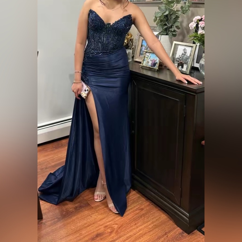 Navy Blue Strapless Slit Gown for Prom